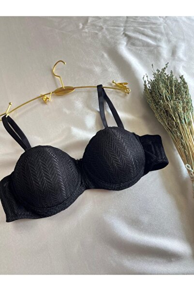NİVENE Strapless Underwire Supported Padded Black Flared Lace Bra