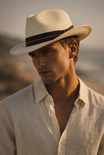 Külah Ανδρικό ψάθινο καπέλο Fedora με πλεκτό κορδόνι - Μπεζ