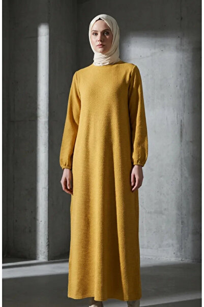 sefamerve Χειμερινό φόρεμα από υφαντό ύφασμα με υφή 2511-06 Μουστάρδα