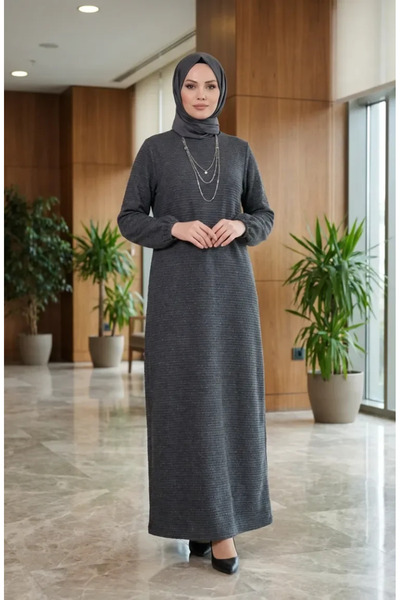 sefamerve Textured Knitted Fabric Winter Dress 2511-04 Anthracite