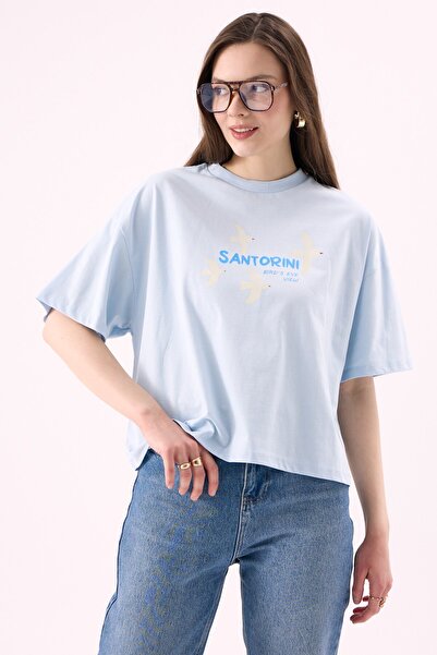 CrepTekstil Crep Kadın Santorini Yazı Baskılı Bisiklet Yaka Kısa Kollu T-Shir...