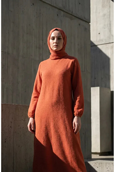 sefamerve Χειμερινό φόρεμα από υφαντό ύφασμα με υφή 2511-07 Πορτοκαλί