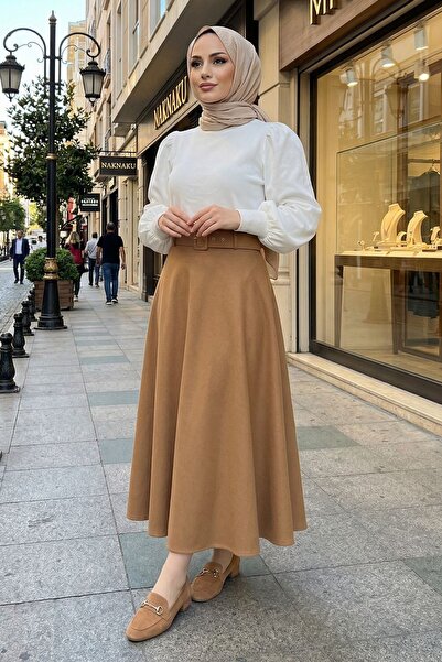 Naknaku Belted Flared Skirt-Caramel