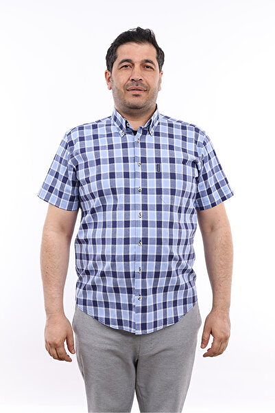 TOUSUS قميص رجالي مقاس كبير باللون الأزرق الداكن والأزرق منقوش من القطن الليك...