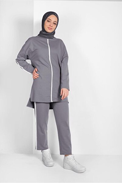 TRENDTESETTÜR KADIN GRİ ÇİZGİ DETAYLI EŞOFMAN TAKIM 038