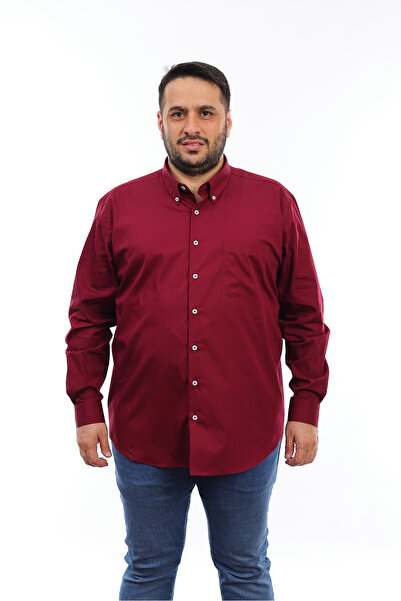 TOUSUS قميص رجالي كبير الحجم من القطن باللون العنابي بأكمام طويلة وجيب طية صد...