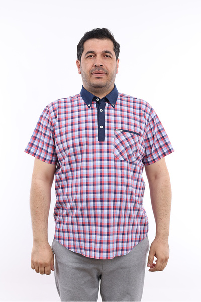 TOUSUS Men's Large Size Navy Blue-Tile Plaid Lycra Shirt with Half Placket KK...