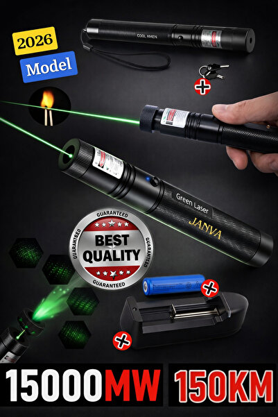 Janva Şarjlı Turbo Yeşil Lazer Pointer Kibrit Yakabilen 15000 Mv Güç 150km Gr...