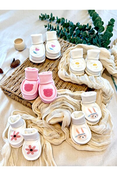 Renkli Puset Yenidoğan Kız Bebek 5'li Patik Set %100 Pamuk Hastane Çıkışı Beb...