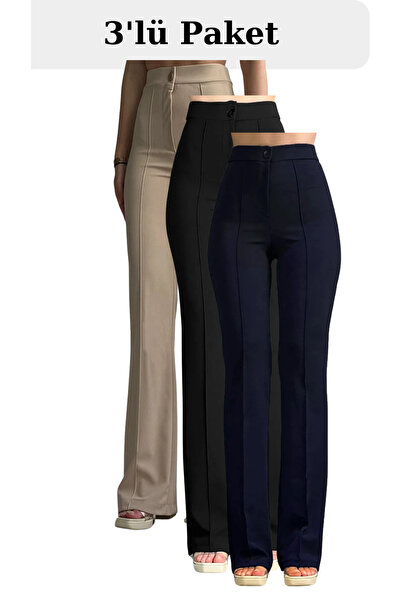 THIFF GYMWEAR Γυναικείο Σετ Παντελόνι Palazzo 3 τεμαχίων – Μαύρο Μπεζ Navy Bl...