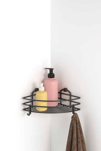 Teknotel Tek Katlı Banyo Köşe Rafı Kancalı Mat Siyah BK021H