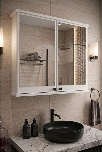 Orysa Design Banyo Dolabı, 2 Kapaklı Beyaz Lavabo Üstü Aynalı Banyo Dolabı, Ç...