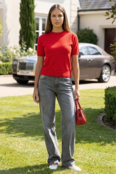 Madmext Κόκκινο γυναικείο πλεκτό μπλουζάκι με λαιμόκοψη ποδηλάτου MG2703