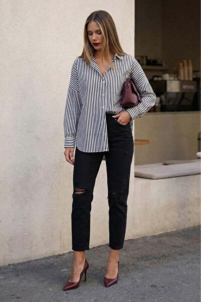 Madmext Μαύρο ριγέ γυναικείο πουκάμισο Mg2410