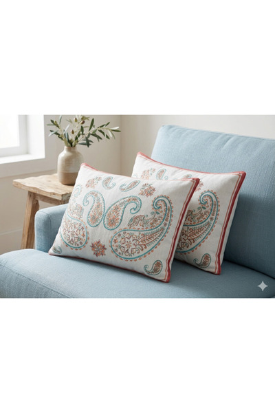Faralya Life %70 Pamuk %30 Polyester Şal Desenli 2 li Dekoratif Kırlent Kılıf...