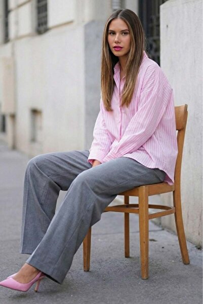 Madmext Ροζ ριγέ γυναικείο πουκάμισο Mg2410