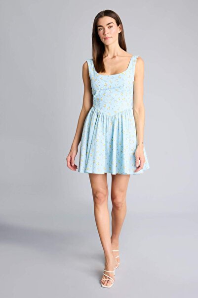 DeFacto Μίνι φόρεμα με λαιμόκοψη V, φλοράλ ποπλίνα, χωρίς μανίκια H5282AX26SP