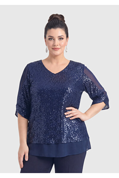 LİLAS XXL Plus Size Navy Blue Color Sequined Chiffon Blouse