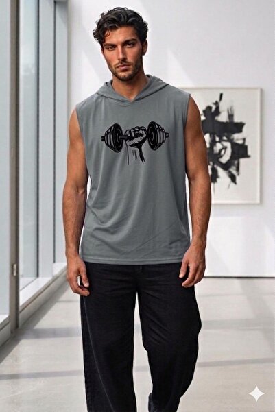 NO 601 Ανδρικό μονόχρωμο μπλουζάκι με κουκούλα γυμναστικής με στάμπα σκούρο γ...