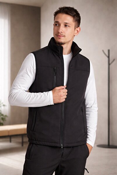 Vatan Tekstil Dik Yaka Slim Fit 3 Cepli Softshell Erkek Yelek Su İtici Kumaş