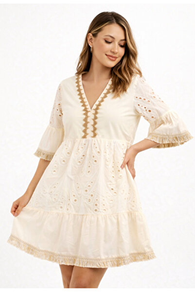 Nobrand Γυναικείο μπεζ Βαμβάκι φόρεμα με κέντημα, διακοσμητικά βολάν και φαρδ...