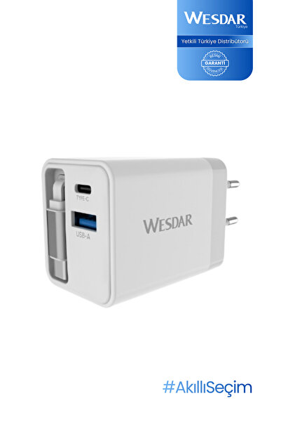 Wesdar AC289-1C1A Hızlı Şarj Adaptörü GaN 45W Dahili Geri Sarılabilir Type-C ...
