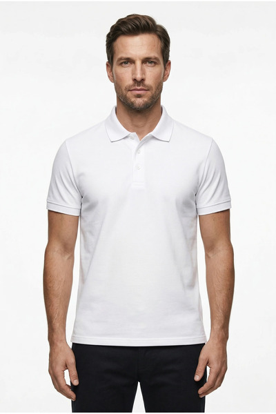 KaeLaurean Tricou polo alb din bumbac pentru bărbați, croială clasică, textur...