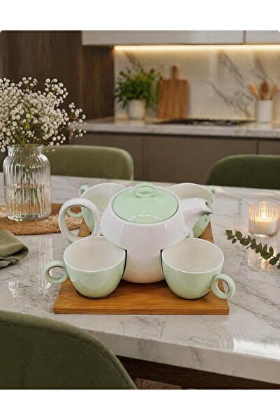 maycollection Porselen Ahşap Standlı 4 Kişilik Tasarım Beyaz Su Yeşili Çay Ta...