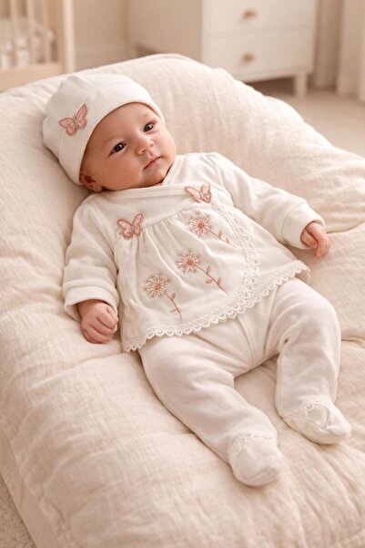 BYS BABY FASHION %100 Pamuklu Kelebek Desenli 5 Parça Yenidoğan Kız Bebek Has...