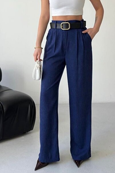 Thiff Women's High Waist Belt Detail Pleated Cotton Linen Palazzo Pants