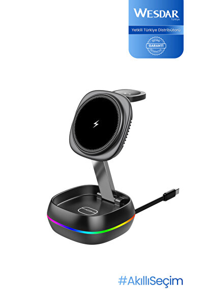 Wesdar WX681 Katlanabilir Kablosuz Şarj Standı 15W RGB 3 in 1