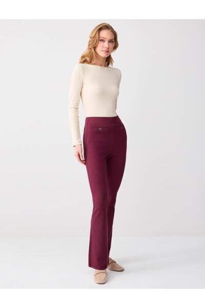 Jimmy Key Πλεκτό παντελόνι μπορντό με φαρδιά μπατζάκια και ψηλόμεσο στενό τελ...