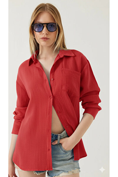 THIFF GYMWEAR Γυναικείο πουκάμισο μουσελίνας Basic Oversize με τσέπες