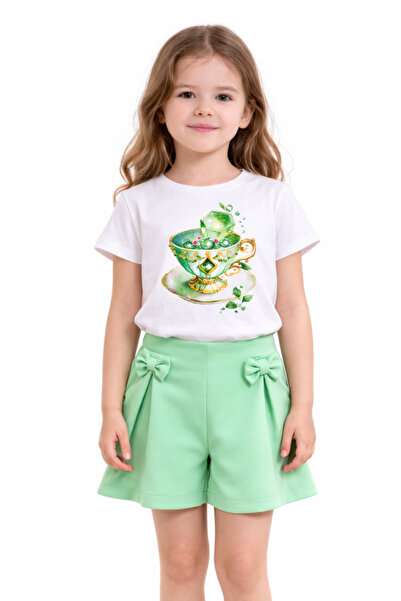 Alin Alp طقم شورت تي شيرت مطبوع عليه كوب للفتيات من عمر 2-6 سنوات -3 Y