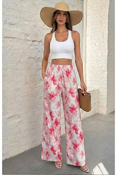 BORCKA TEKSTİL Γυναικείο παντελόνι με ροζ σχέδιο, λεπτομέρεια από ελαστικό στ...