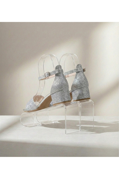 Papuctime Gray Heeled Girls' Shoes with Glitter Detail