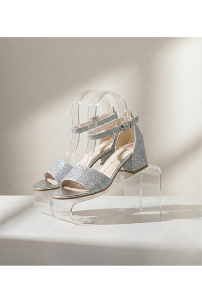 Papuctime Gray Heeled Girls' Shoes with Glitter Detail