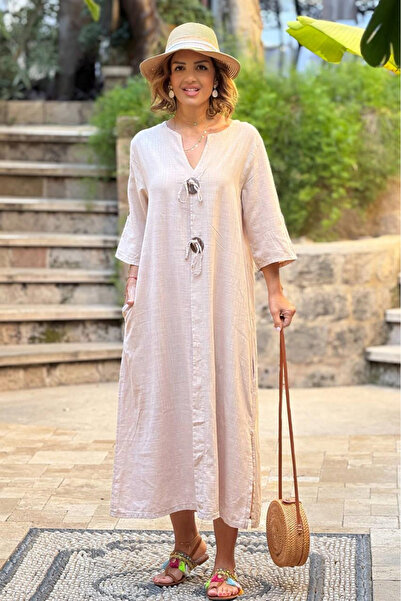 Nevin Kaya Moda Κρεμ λινό ιταλικό φόρεμα με σχέδιο 2 κουμπιών