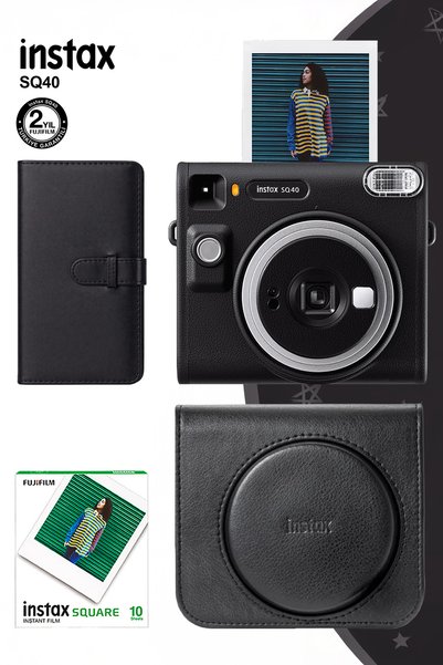 Fujifilm Instax SQ40 Siyah Fotoğraf Makinesi 10lu Kare Film Deri Kılıf ve Siy...