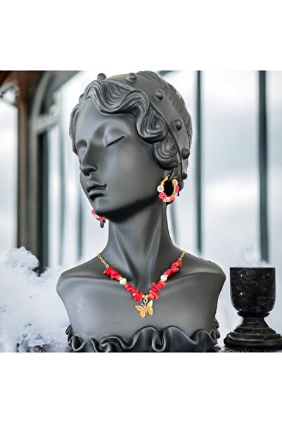 Ezera Κολιέ Boho με κόκκινα τσιπς κοραλλιού και μαργαριτάρια