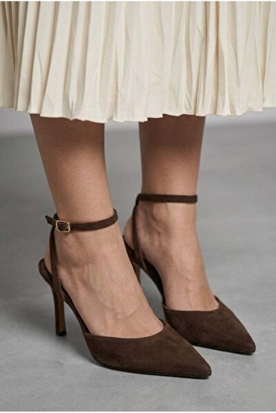JOİN POLO Γυναικεία παπούτσια με τακούνι στιλέτο, καφέ σατέν, με μυτερή μύτη ...