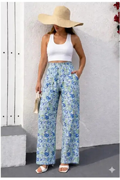 BORCKA TEKSTİL Γυναικείο παντελόνι με μπλε σχέδιο, λάστιχο στη μέση, λεπτομερ...