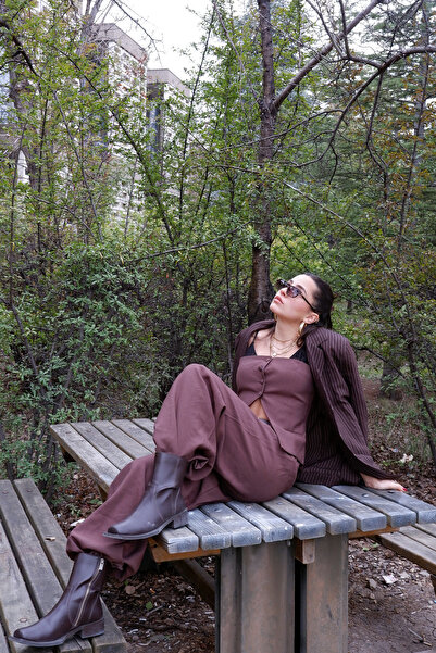 Quzu Lace Strap Paneled Bustier Blouse Brown