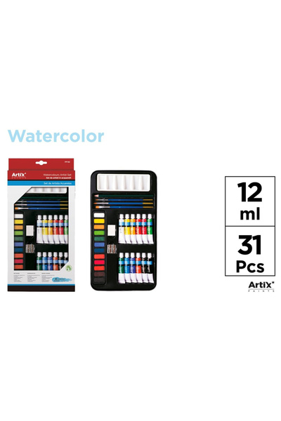 ARTIX PAINTS Set acuarele colorate, 31 de piese, 24 de culori, 3 pensule, 1 c...