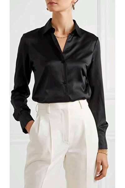 Clothes Fast Γυναικείο μαύρο σατέν πουκάμισο με μακριά μανίκια, κομψή κλασική...