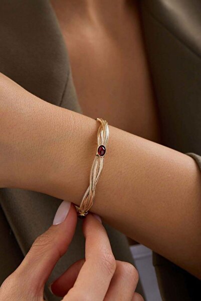Bayar Gold 14 Ayar Altın Garnet Taşlı İtalyan Esnek Bilezik