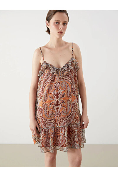 LC Waikiki Μίνι φόρεμα LCW Vision Καφέ βολάν με λαιμόκοψη V με έθνικ σχέδιο