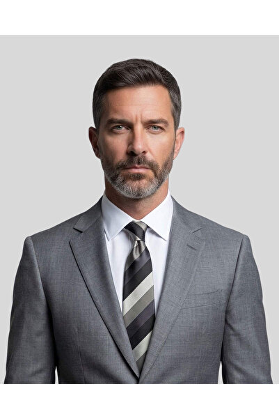 1001 Kravat Gray Black Thick Striped 8 cm Wide Classic Tie