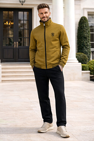 BESSA طقم بدلة رياضية للرجال من قماش البيكيه باللون البني ياقة مرتفعة متوسطة ...