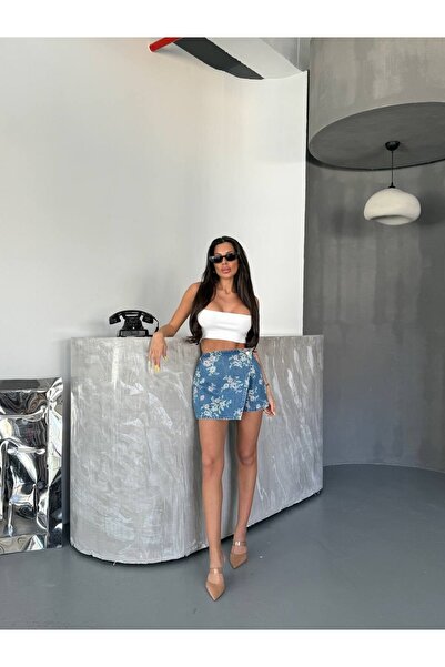 HerTon Γυναικεία σορτς-φούστα από 100% βαμβακερό τζιν με μπλε φλοράλ σχέδιο -...